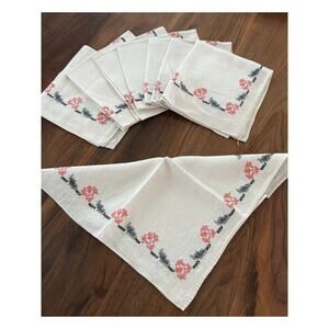 Set of 8 Vintage Linen Napkins Hand Embroidered Floral Farmhouse
